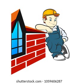 Builder stands near a brick wall home illustration for construction
