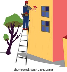 The Builder stands on the stairs, and makes repairs