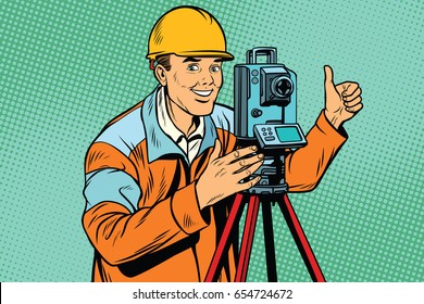 Builder surveyor with a theodolite optical instrument for measuring distances. Pop art retro vector illustration