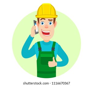 Builder talking on mobile phone and showing thumb up. Portrait of Cartoon Builder Character. Vector illustration in a flat style.