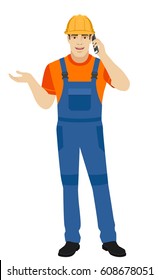 Builder talking on the mobile phone and gesturing. Full length portrait of builder in a flat style. Vector illustration.