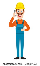Builder talking on mobile phone and showing thumb up. Full length portrait of Cartoon Builder Character. Vector illustration in a flat style.