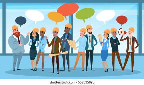 Builder Team Architect Mix Race Workers Chat Communication Bubble Talking Discussing Communication Social Network Flat Vector Illustration