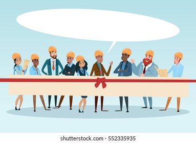 Builder Team Architect Mix Race Workers Chat Communication Bubble Talking Discussing Communication Social Network Flat Vector Illustration