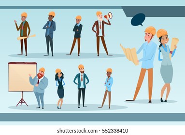 Builder Team Architect Mix Race Workers Set Flat Vector Illustration