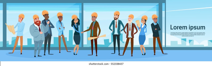 Builder Team Architect Mix Race Workers Flat Vector Illustration