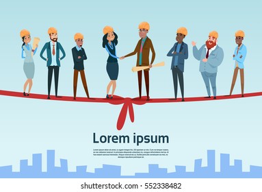 Builder Team Architect Mix Race Workers Hand Shake Project Opening Flat Vector Illustration