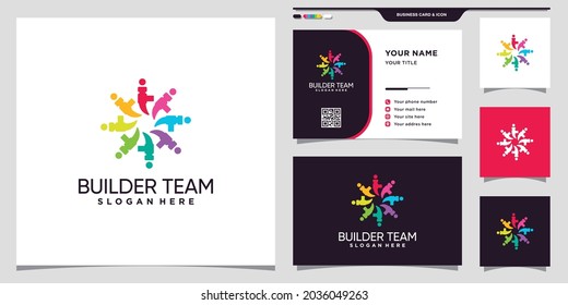 Buildteam, Community-Logo mit Hammersymbol und Visitenkartendesign Premium Vector