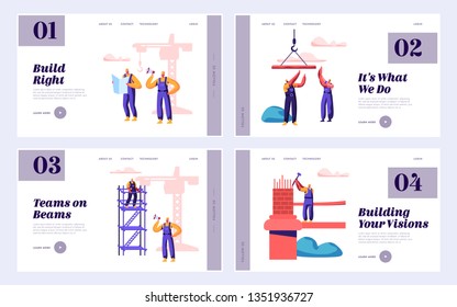 Builder Team Engineering Bridge with Construction Crane Set Landing Page. Architect with Hammer Build Gate. Worker Standing Ladder Building Object Website or Web Page. Flat Cartoon Vector Illustration
