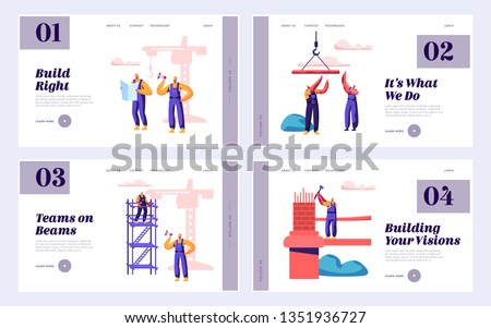 Builder Team Engineering Bridge with Construction Crane Set Landing Page. Architect with Hammer Build Gate. Worker Standing Ladder Building Object Website or Web Page. Flat Cartoon Vector Illustration