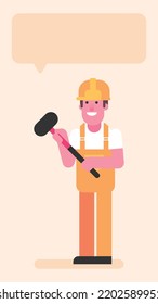 Builder three quarters face holding big hammer. Flat people. Vector illustration