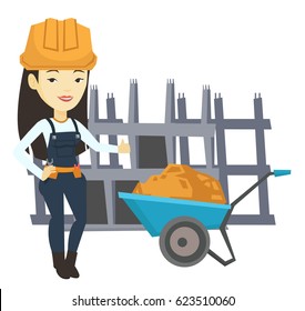 Builder with thumb up standing near wheelbarrow full of sand. Builder in hard hat giving thumb up. Builder at work on construction site. Vector flat design illustration isolated on white background.
