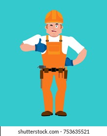Builder thumbs up. Worker in protective helmet winks emoji. Service worker Serviceman cheerful. Vector illustration
