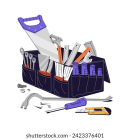 Kit de herramientas de generación con diferentes instrumentos de trabajo. Caja de herramientas del ingeniero para construir, reparar el hogar. Viste, barra de trabajo, destornilladores, spanners en caja de herramientas. Ilustración vectorial aislada plana sobre fondo blanco