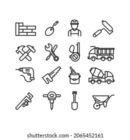 builder tools Construction site workflow and management design icons,Machinery and building equipment outline line logo