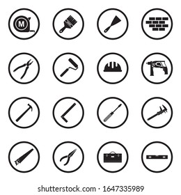 Builder Tools Icons. Black Flat Design In Circle. Vector Illustration.