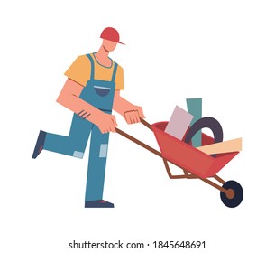 Bauer mit Werkzeugen und professioneller Ausrüstung. Cartoon-Männchen-Zeichentrickbauer auf Helm und Uniform mit Rollkarren, Bau- und Renovierungsbauer, Vektor einzeln auf weißer Illustration