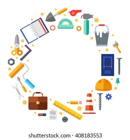 Builder tools in the shape of circle. Vector Illustration in flat design style for web banners or promotional materials