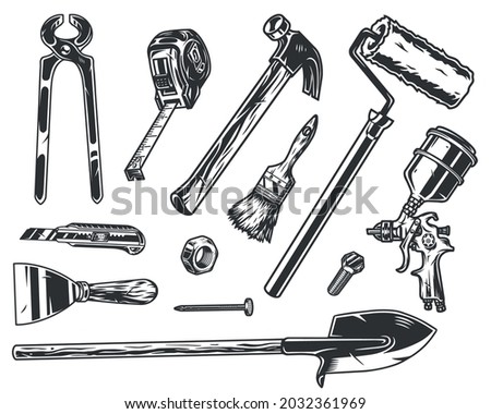 Builder tools vintage monochrome set with pincers measure tape hammer paint roller paintbrush spray gun shovel cutter knife nail scraper bolt and female screw isolated vector illustration