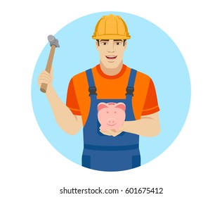 Builder trying to break a piggy bank with a hammer. Portrait of builder in a flat style. Vector illustration.