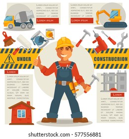 Generador de uniforme con martillo en mano y en señal de construcción. Ilustración vectorial en la web del proceso de trabajo de construcción con señales de mezclador de hormigón, escaleras mecánicas amarillas, casas terminadas y sin terminar