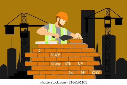 El constructor de uniforme y casco construye una pared de ladrillos sobre el fondo de la pared de ladrillo. Constructores, ingenieros, operadores de grúas, arquitectos, ilustración vectorial de concepto de jornada laboral