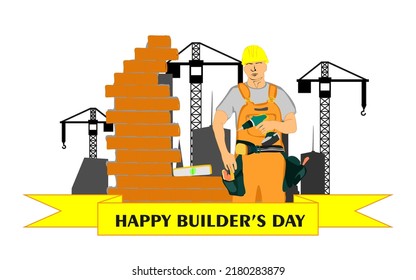 Un edificio de uniforme y casco, con equipo de construcción en el fondo de grúas de construcción, muro de ladrillo y siluetas de edificios. Día de los constructores, día de los ingenieros, día de los operadores de grúas