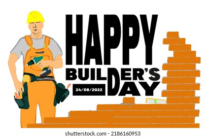 A builder in uniform and a helmet, with construction equipment against the background of Brick wall. Builders, engineers, crane operators, architects day, labor day concept vector illustration