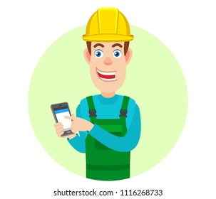 Builder using mobile phone. Portrait of Cartoon Builder Character. Vector illustration in a flat style.