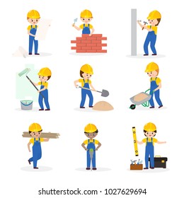 Builder vector cartoon character constructor building construction for newbuild illustration worker or contractor buildup constructively set isolated on white background