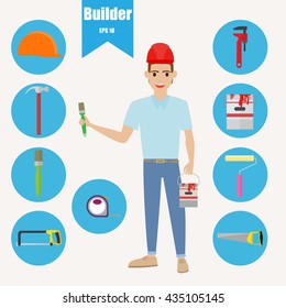 Builder and vector collection of house construction and repair icons.