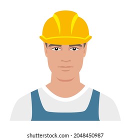 Builder. Vector color icon isolated on white background. A man in a blue overalls and a yellow hard hat.