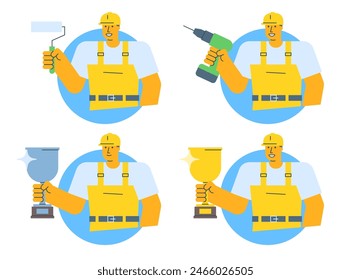 Builder vector icons set part one. Vector character