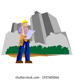Builder vector illustration. male builder. Illustration templates for any business identity architecture, property, real estate, residential solutions, home staging, building engineer, etc.