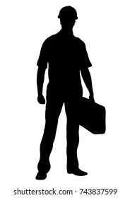 Builder vector silhouette, outline male workman repairman standing front side full-length, contour portrait human in coveralls, with a suitcase for tools in hand, isolated on white background