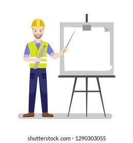 Builder in a vest and a helmet shows a presentation with a pointer in his hand. Flat illustration on white background.