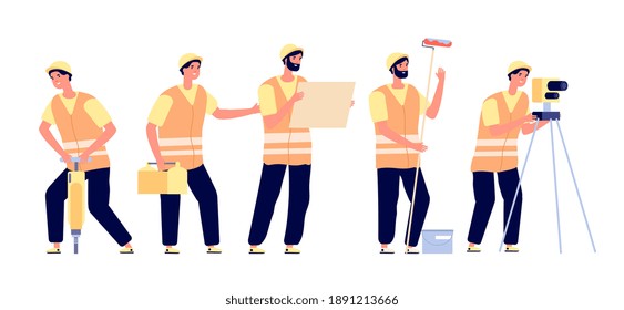 Builder in vests. Construction worker safety, engineers with smiling foreman. Flat men in protect, industrial persons utter vector concept