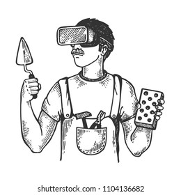Builder in virtual reality helmet engraving vector illustration. Scratch board style imitation. Black and white hand drawn image.