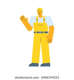 Builder waves hand and smiling. Vector Illustration