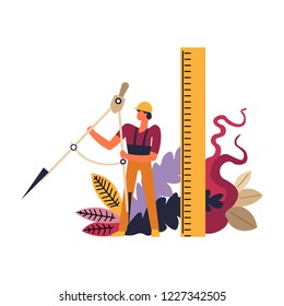 Builder wearing helmet, man worker with rulers tools and measuring devices vector. Building process, using of instruments with high precision, equipment for getting distance. Handyman at work