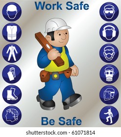 Builder Wearing Personal Protection Equipment And Safety Icons