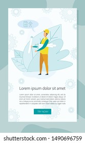 Builder Wearing Working Uniform and Protective Helmet Holding Heap of Blueprint Paper Rolls and Measuring in Speech Bubble on Background with Cogwheels Cartoon Flat Vector Illustration Vertical Banner