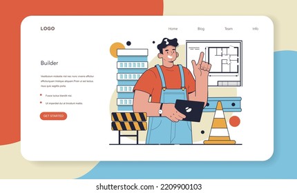 Builder web banner or landing page. Workers constructing house with tools and materials. Process of bricklaying. City construction development. Flat vector illustration