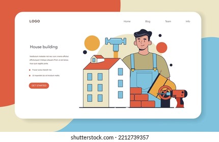 Builder web banner or landing page. Workers constructing house with tools and materials. Process of bricklaying. City construction development. Flat vector illustration