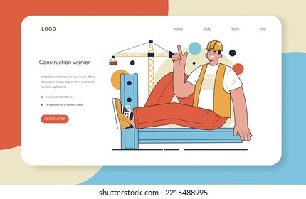 Builder Web-Banner oder Landing-Page. Arbeiter bauen Haus mit Werkzeugen und Materialien. Prozess der Maurerei. Stadtbau. Flache Vektorgrafik