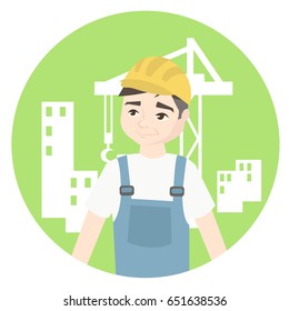 The builder in a white T-shirt and blue overalls stands in a confident position against the backdrop of the city being built