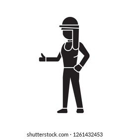 Builder woman black vector concept icon. Builder woman flat illustration, sign
