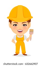 Builder woman. Funny female worker with big head holding paintbrush. Humorous cartoon character painter. Vector illustration.