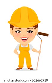 Builder woman. Funny female worker with big head holding long paint roller. Humorous cartoon character painter. Vector illustration.