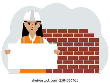 Builder woman holding a white sheet of paper for text. Brickwork next to him.